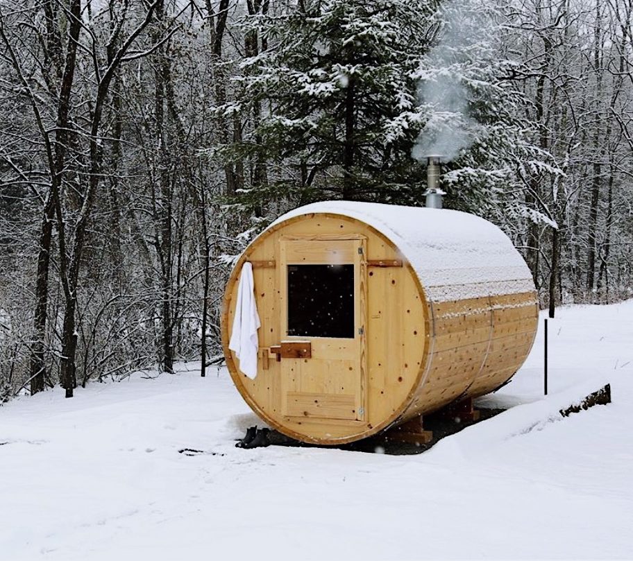 winter barrel sauna ski whiteface airbnb cabin rental warners camp lake placid pet friendly